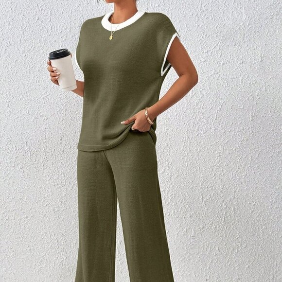 Army Green Women's Loose Knit Sweater & Drawstring Pants Set - Picture 6 of 7